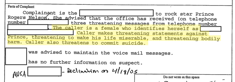 Excerpt from the FBI file for music legend Prince involving threatening calls that he received in 2005 (FBI/FOIA)